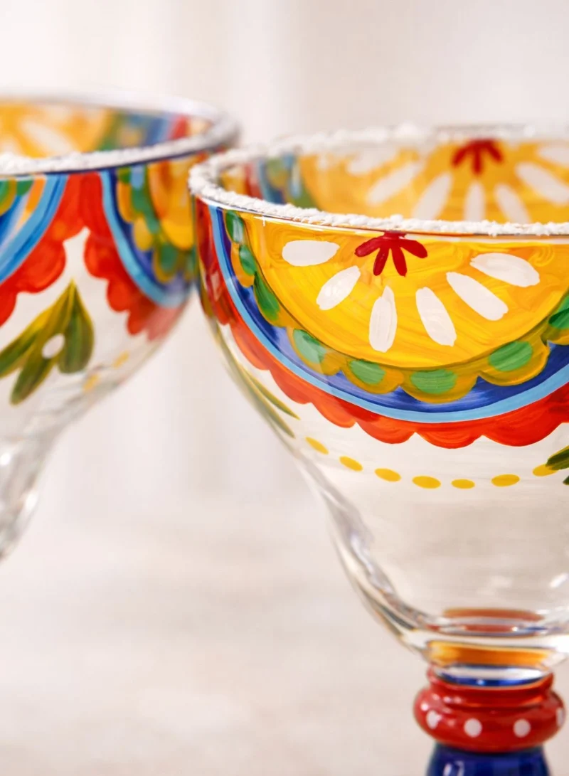 1 تشيس أكواب مارغريتا مرسوم عليها يدويًا من المجموعة المغربية، بتصميم زهر البرتقال، سعة 270 مل، طقم من قطعتين، أكواب كوكتيل مزخرفة مصنوعة يدويًا، أكواب ديكور فريدة لطاولة المطبخ